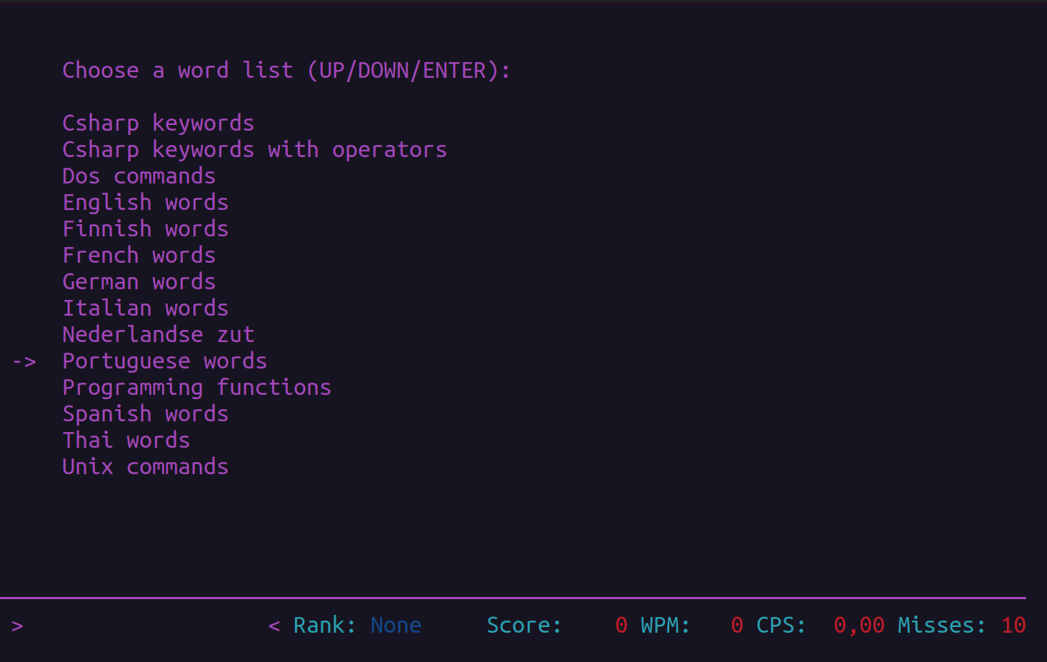 Typespeed: lista de palavras
